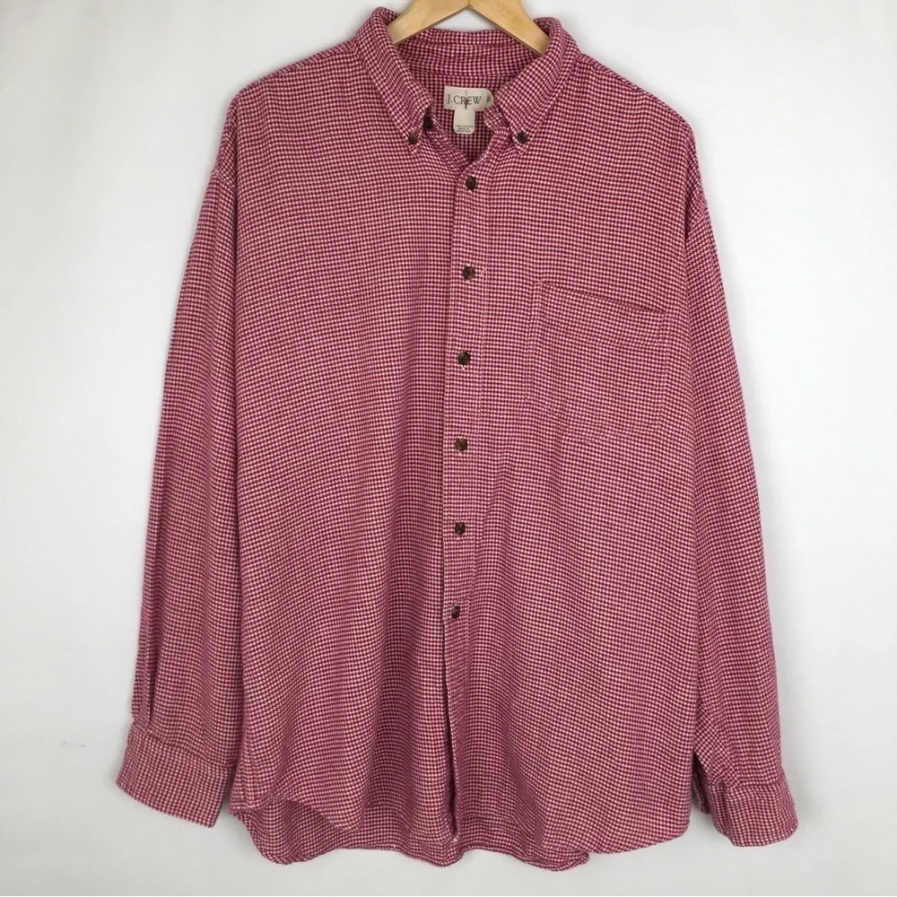 Vintage J. Crew Men’s Plaid Flannel Button Down Shirt Red White Casual Size XL